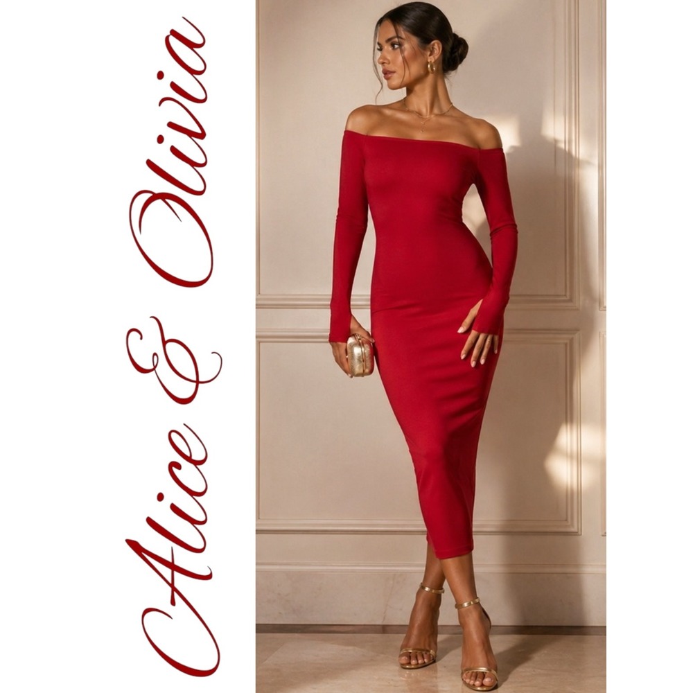 Alice + Olivia NWT Red‎ Off Shoulder Bodycon Midi Dress Size 2 XS